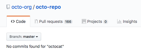 Página del repositorio con el mensaje que dice "no commits found for octocat" (no se encontraron confirmaciones para octocat)
