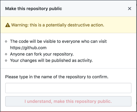 Pop-up with information about making a private repository public