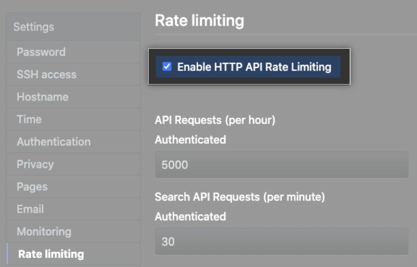 Caixa de seleção para habilitar limite de taxas de API