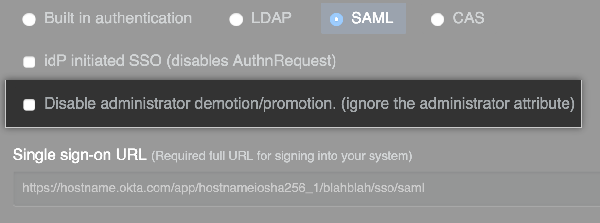 Configuración de inhabilitar administrador de SAML