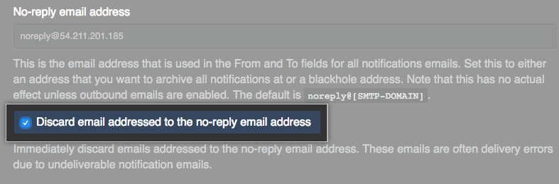 Kontrollkästchen zum Verwerfen der an die „no-reply“-E-Mail-Adresse adressierten E-Mails
