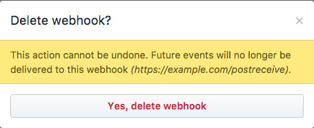 Pop-up box with warning information and button to confirm deleting the webhook