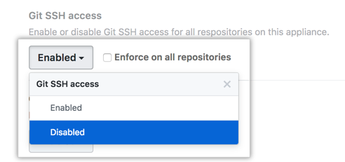 Dropdownmenü „Git SSH access“ (Git-SSH-Zugriff) mit ausgewählter Option „Disabled“ (Deaktiviert)