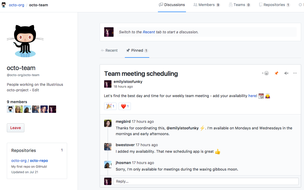 Pinned discussions tab of team page with pinned discussion