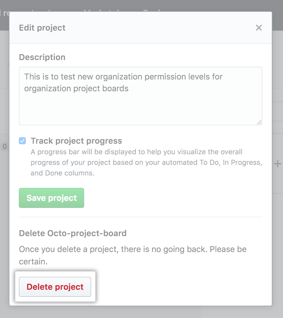 Schaltfläche „Delete project“ (Projekt löschen)