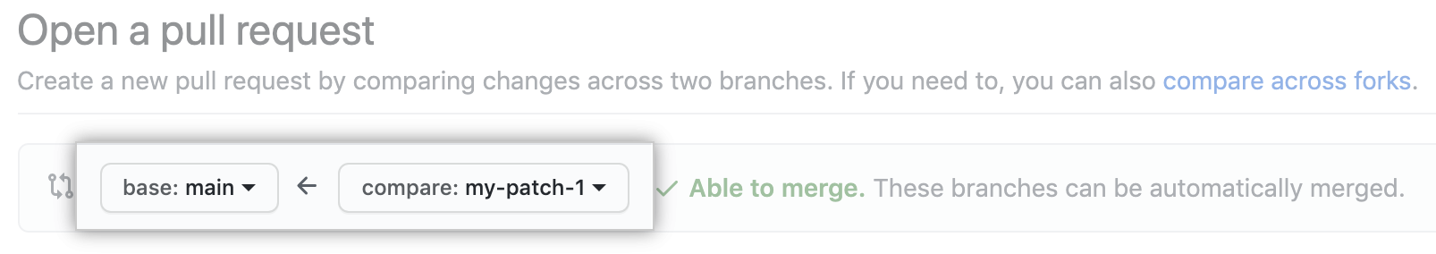 Drop-down menus for choosing the base and compare branches