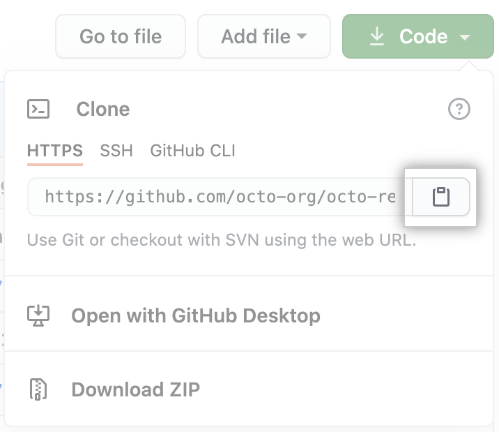 用于复制 URL 以使用 GitHub CLI 克隆仓库的剪贴板图标