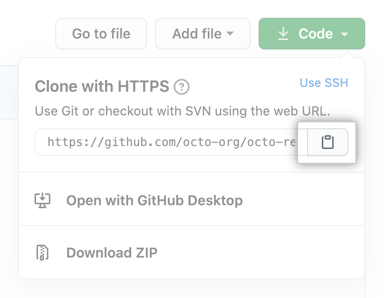 The clipboard icon for copying the URL to clone a repository