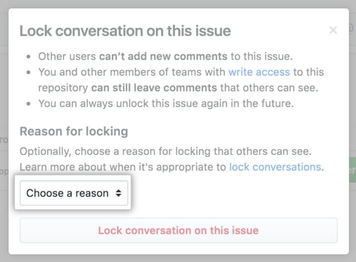 Menu Reason for locking a conversation (Motivo para bloquear uma conversa)