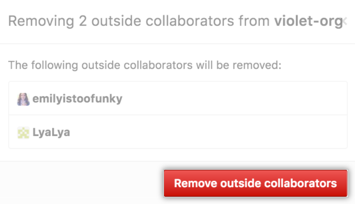 Lista de colaboradores externos que serão removidos e botão Remove outside collaborators (Remover colaboradores externos)