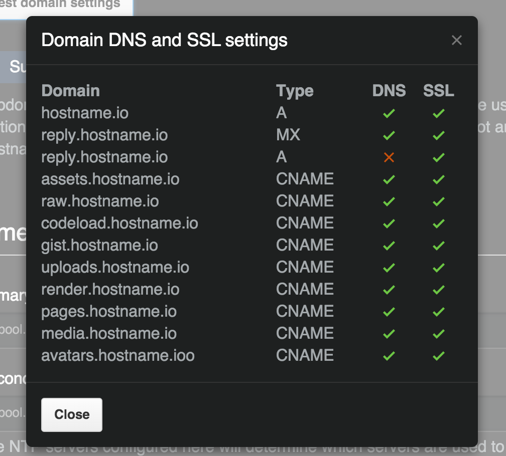 Test domain settings button