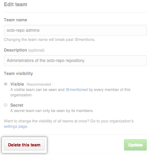 Team deletion button