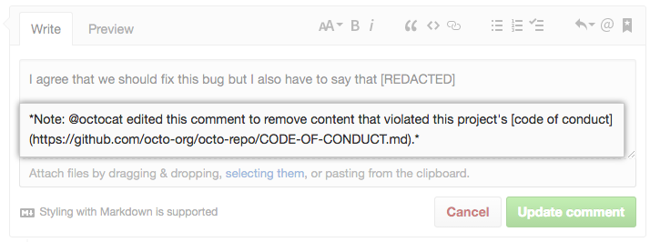 Comment window with added note that content was redacted