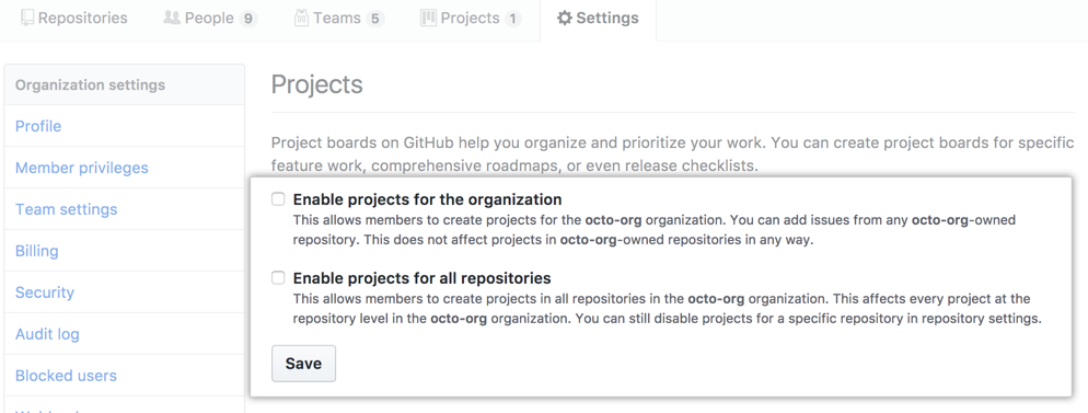 Checkboxes to disable projects for an organization or for all of an organization's repositories