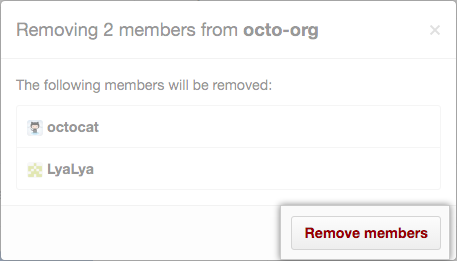 Lista de miembros que se eliminarán y botón Remove members (Eliminar miembros)