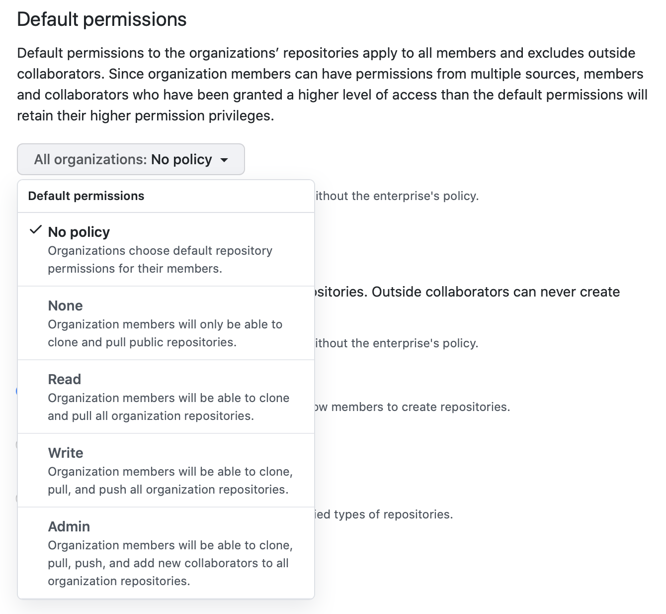 Drop-down menu with repository permissions policy options