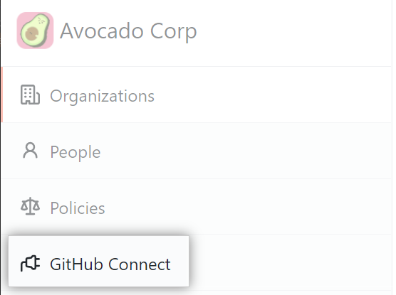 La pestaña de GitHub Connect en la barra lateral de la cuenta empresarial