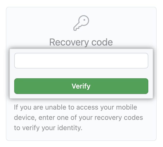 Campo para digitar um código de recuperação e botão Verify (Verificar)