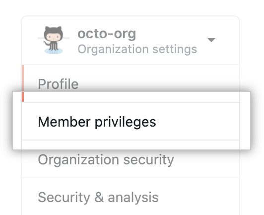 Opción de privilegios de los miembros en la configuración de la organización