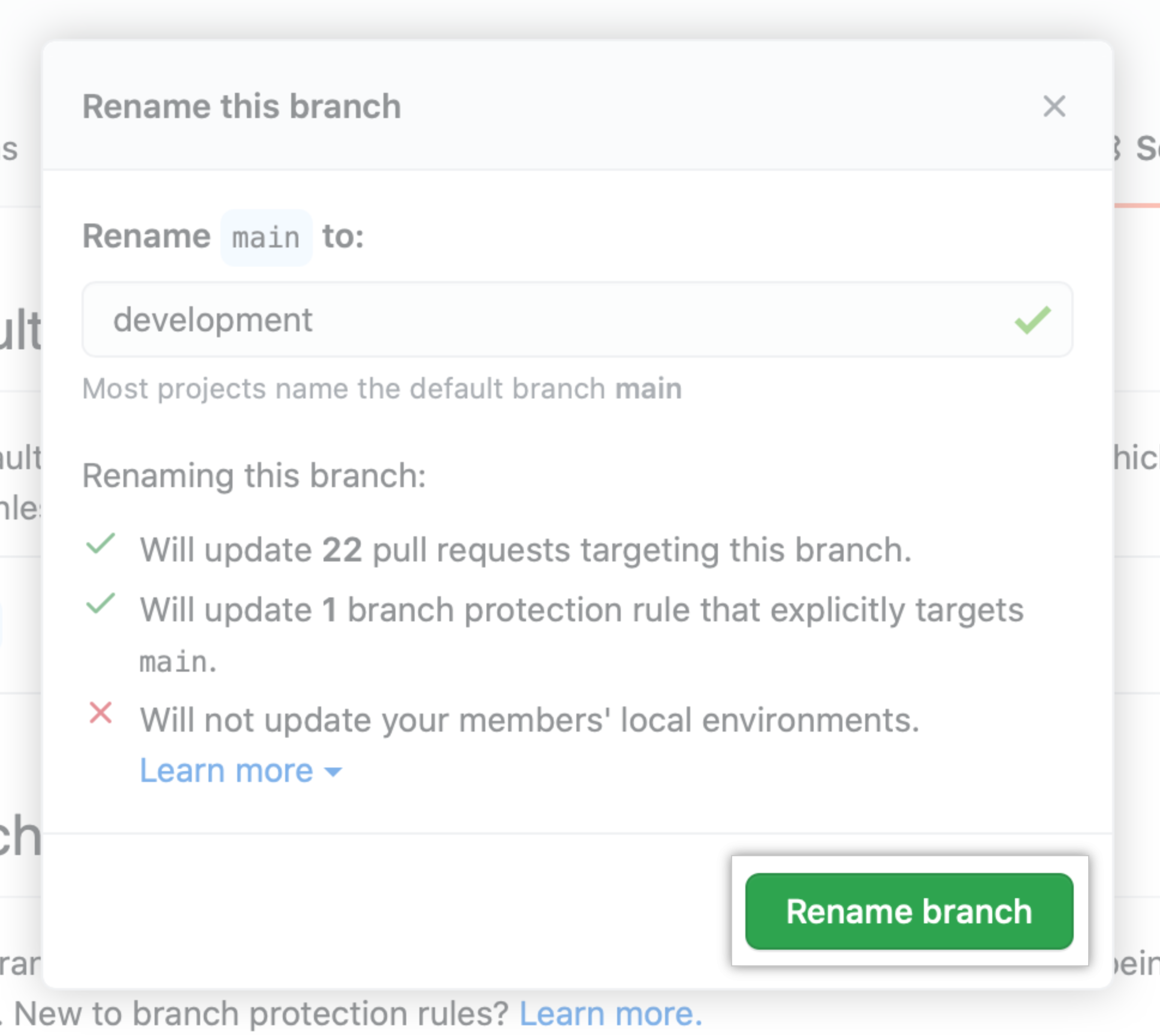 Local environment information and "Rename branch" button