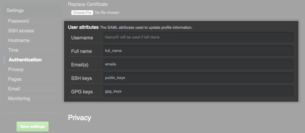 Captura de tela dos campos para inserir atributos adicionais do SAML