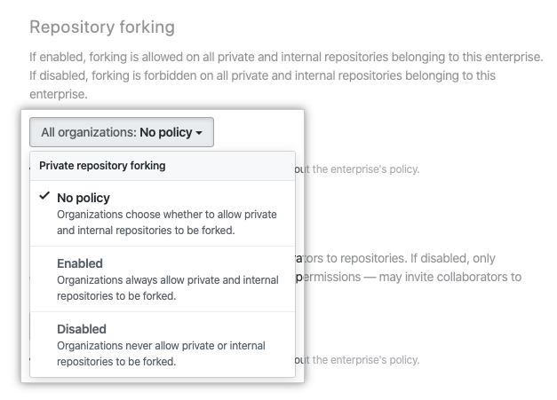Drop-down menu with repository forking policy options