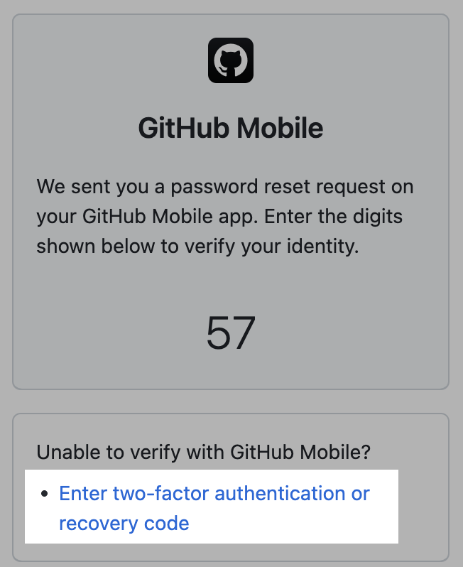 Two-factor GitHub Mobile authentication prompt on GitHub Enterprise Server with "Enter two-factor authentication or recovery code" highlighted