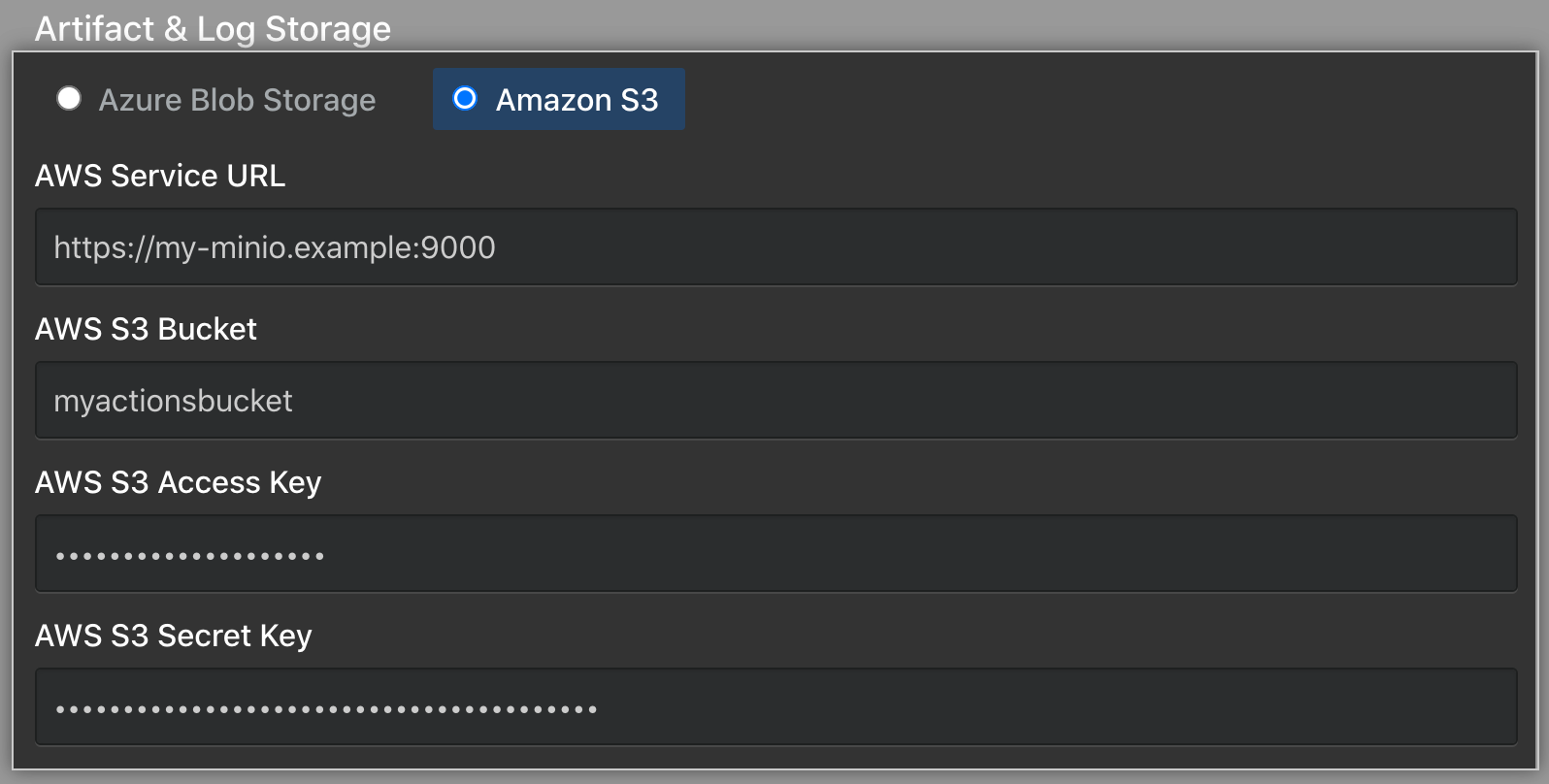 Botón radial para seleccionar el almacenamiento de Amazon S3 y los campos para la configuración de MinIO
