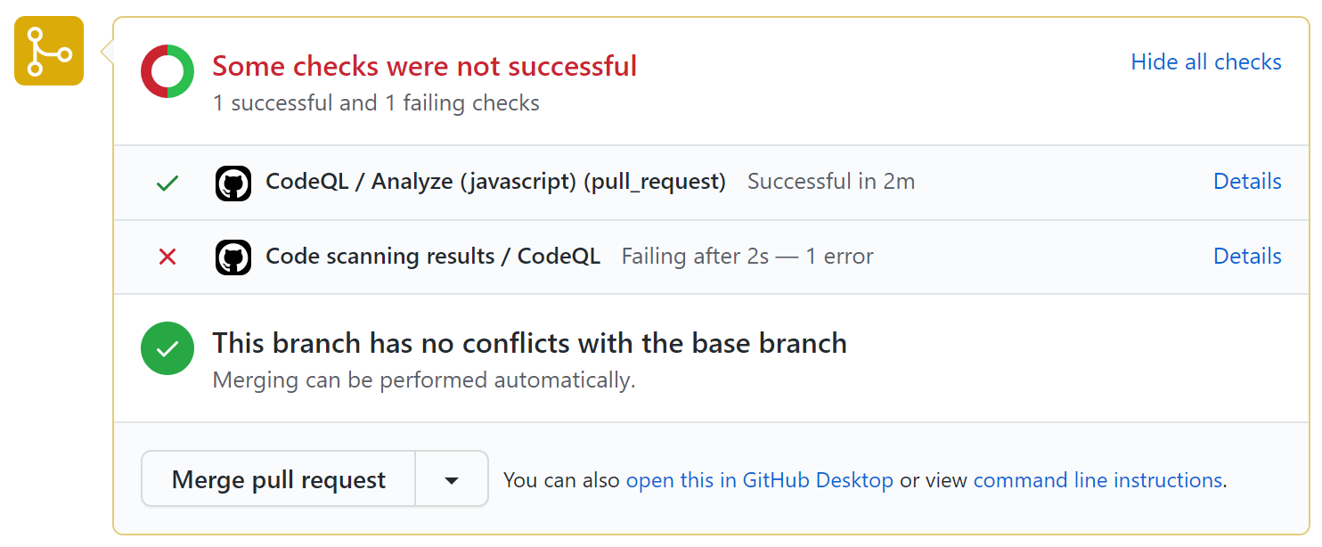 Ocorreu uma falha na verificação de Varredura de código em um pull request