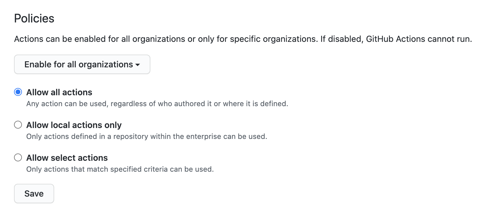 Screenshot of GitHub Actions policies