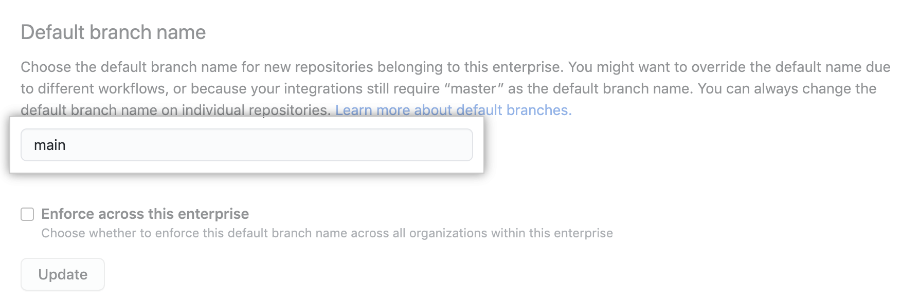 Text box for entering default branch name