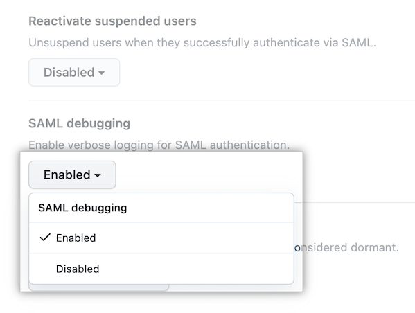 Captura de pantalla del menú desplegable para habilitar la depuración de SAML
