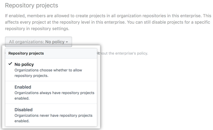Drop-down menu with repository project board policy options
