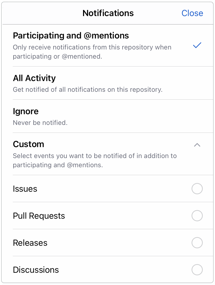 Watch settings dropdown menu in GitHub Mobile