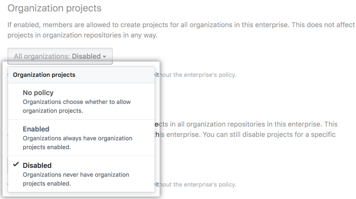Organization プロジェクトボード ポリシー オプションのドロップダウンメニュー