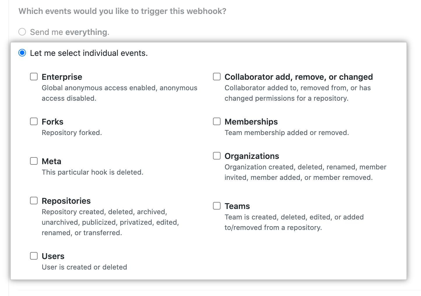Caixas de seleção para eventos de webhook globais individuais